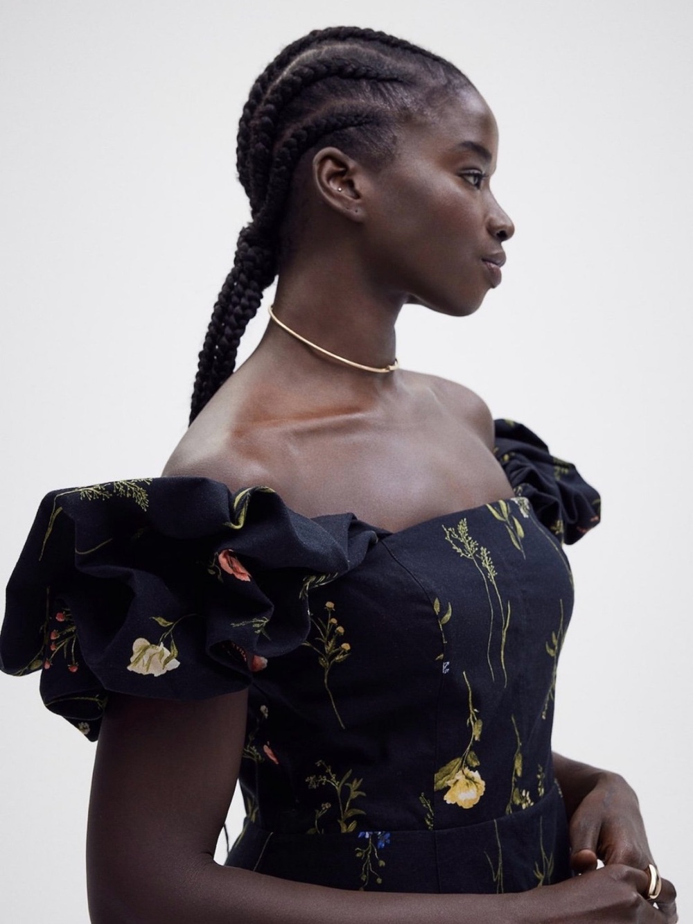 H&M Black Floral Midi Dress with Puff Sleeves